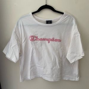 Champion White Boxy TShirt with Pink Floral Logo